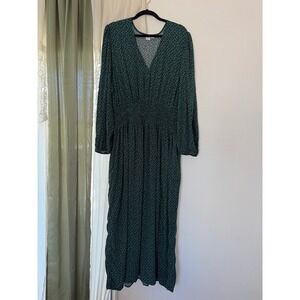 Gap Maxi Dress Womens‎ XXL Green Smocked Waist Floral Long Sleeve V-Neck Forest